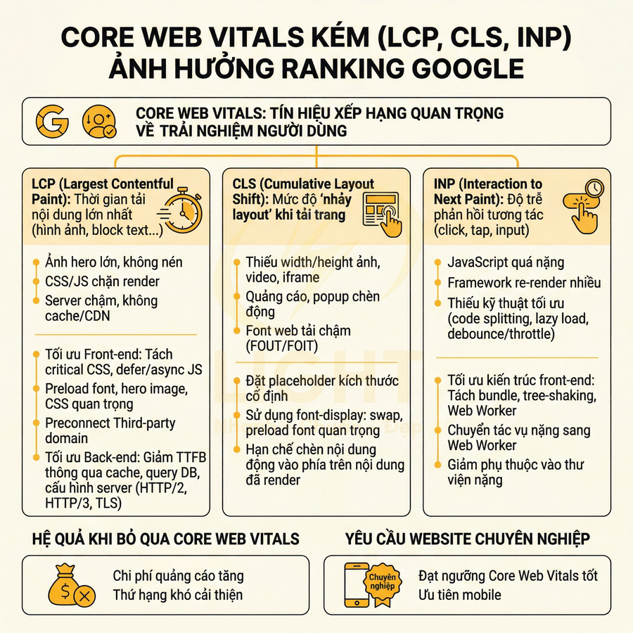 Infographic giải thích Core Web Vitals LCP CLS INP và ảnh hưởng đến xếp hạng SEO Google
