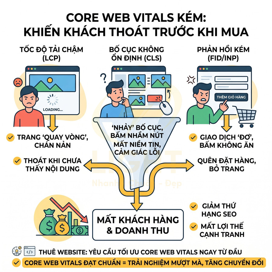 Minh họa tác hại Core Web Vitals kém khiến website tải chậm, bố cục lỗi, phản hồi chậm làm mất khách và doanh thu