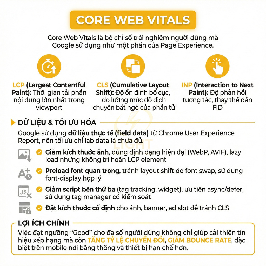 Infographic giải thích Core Web Vitals, các chỉ số LCP CLS INP và cách tối ưu hiệu suất website