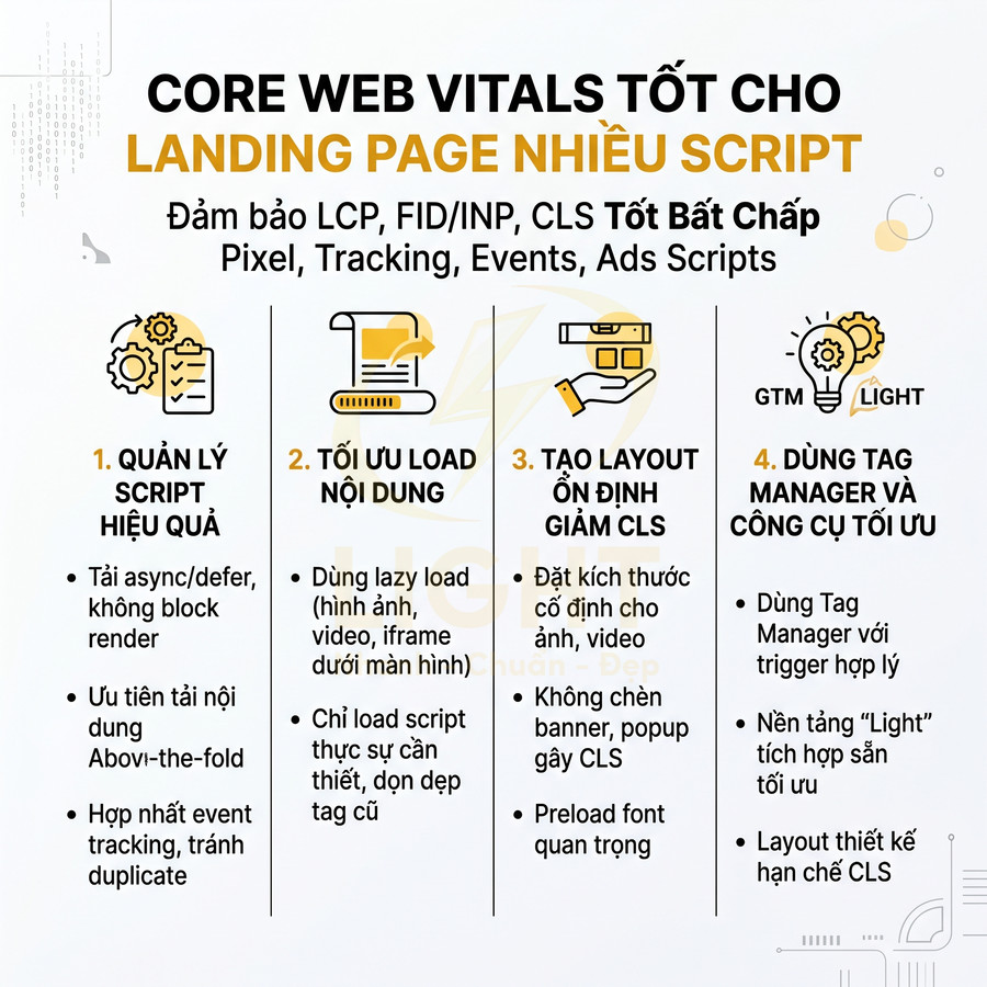Checklist tối ưu Core Web Vitals cho landing page nhiều script với 4 bước cải thiện hiệu suất web
