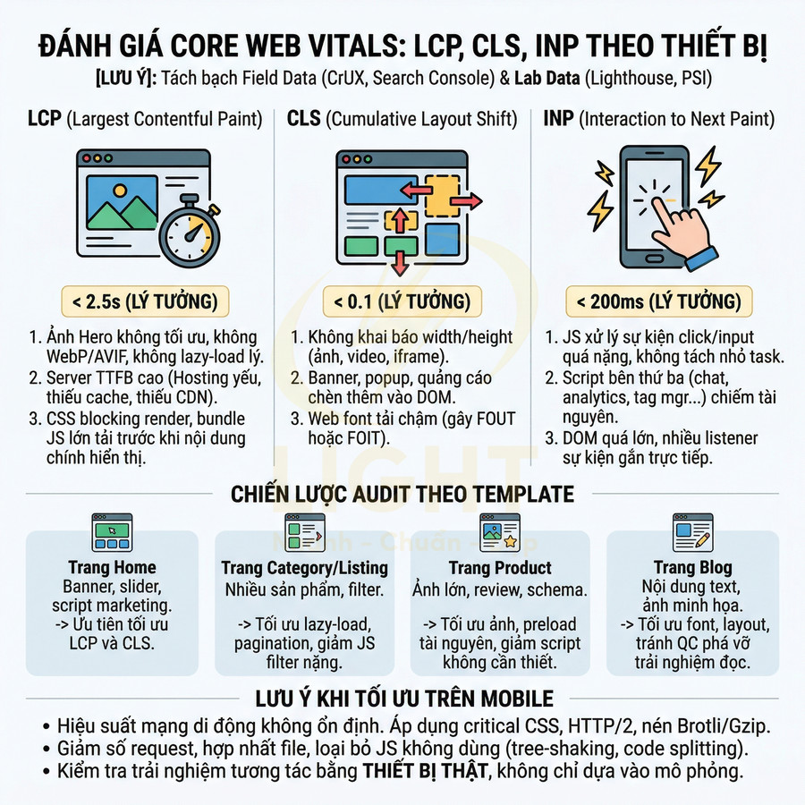 Infographic hướng dẫn tối ưu Core Web Vitals LCP CLS INP và chiến lược audit website chuẩn SEO