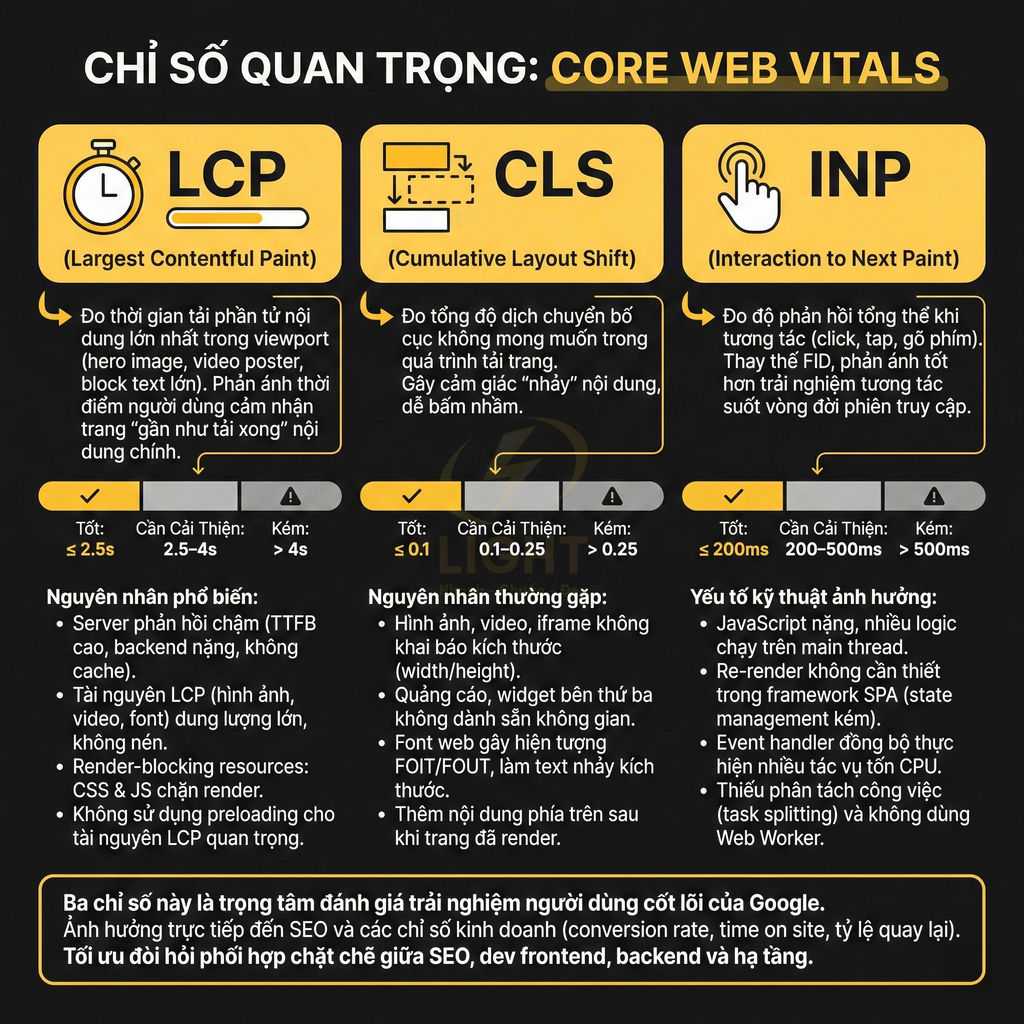 Infographic giải thích các chỉ số Core Web Vitals LCP CLS INP và nguyên nhân ảnh hưởng hiệu suất website