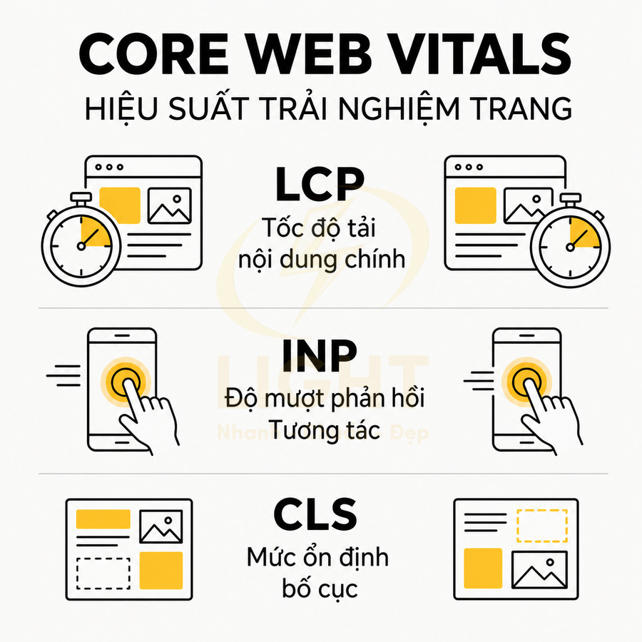 Minh họa Core Web Vitals với LCP tốc độ tải, INP độ mượt tương tác và CLS mức ổn định bố cục trang web