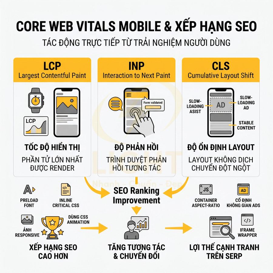 Infographic Core Web Vitals mobile LCP INP CLS và cách tối ưu để cải thiện xếp hạng SEO