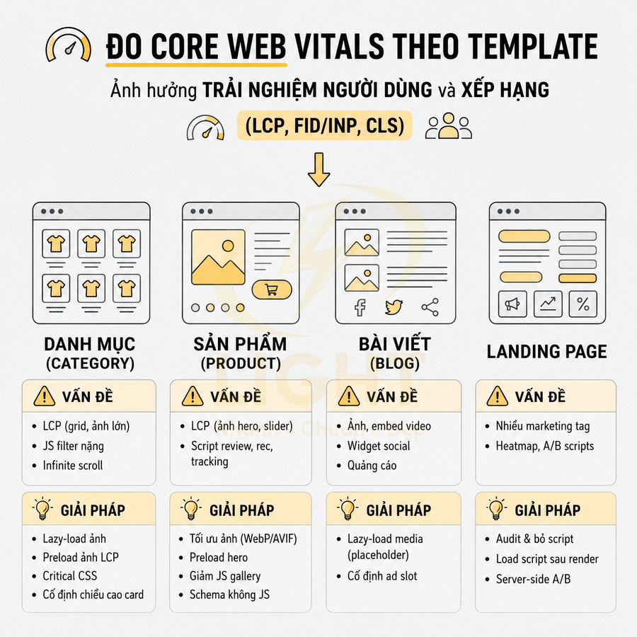 Hướng dẫn đo Core Web Vitals cho danh mục, sản phẩm, bài viết blog và landing page kèm vấn đề và giải pháp