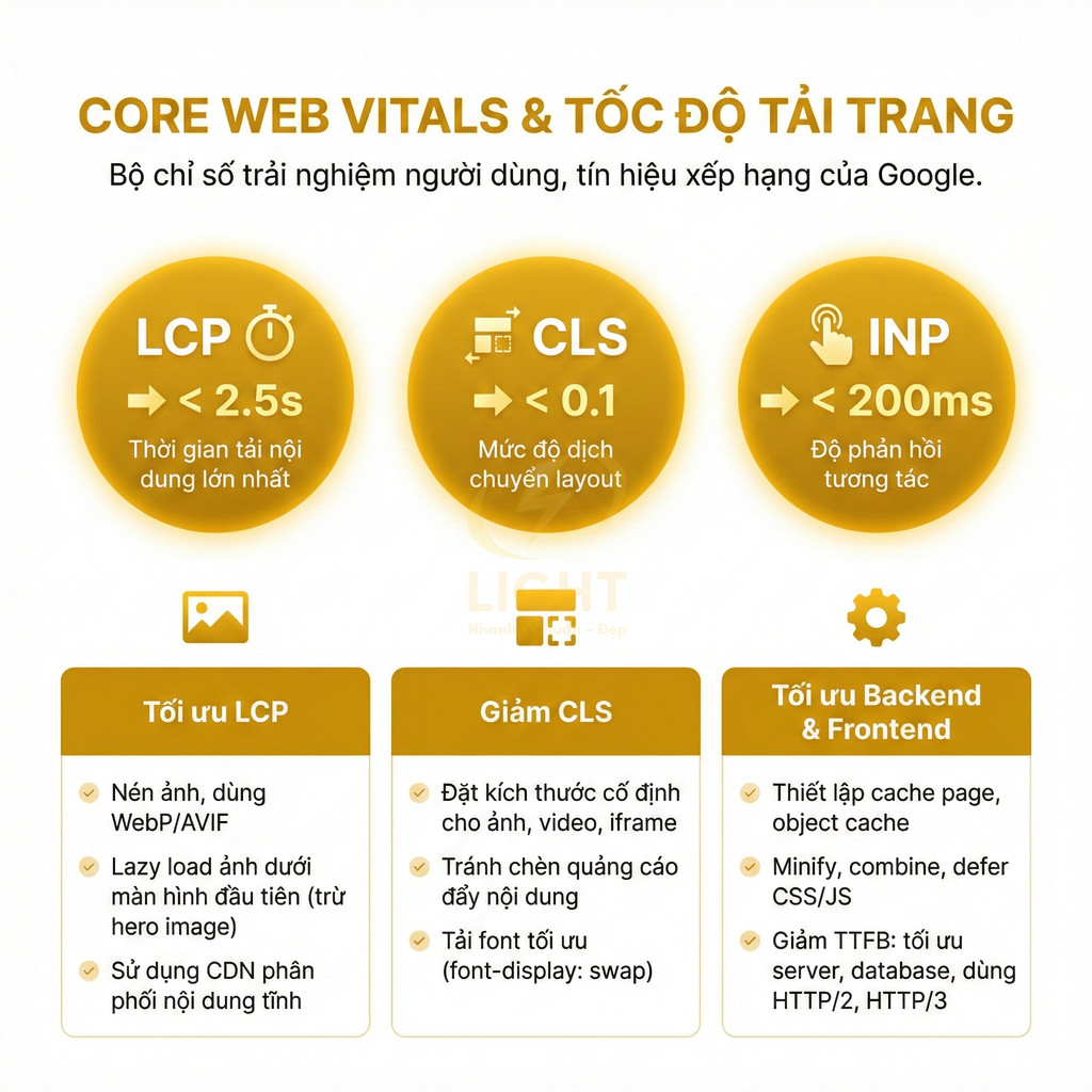 Infographic Core Web Vitals và tốc độ tải trang với chỉ số LCP, CLS, INP và các cách tối ưu website