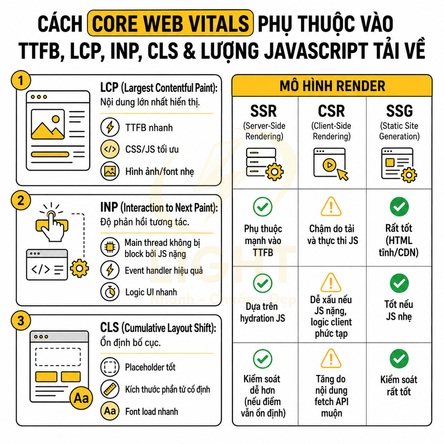 Infographic giải thích Core Web Vitals LCP INP CLS và so sánh mô hình render SSR CSR SSG cho tối ưu web