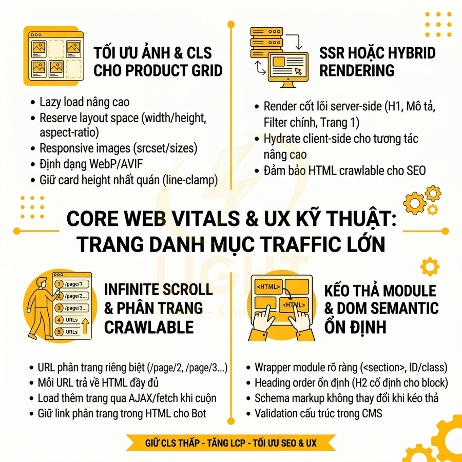 Infographic tối ưu Core Web Vitals và UX kỹ thuật cho trang danh mục traffic lớn, tập trung SEO và hiệu suất web
