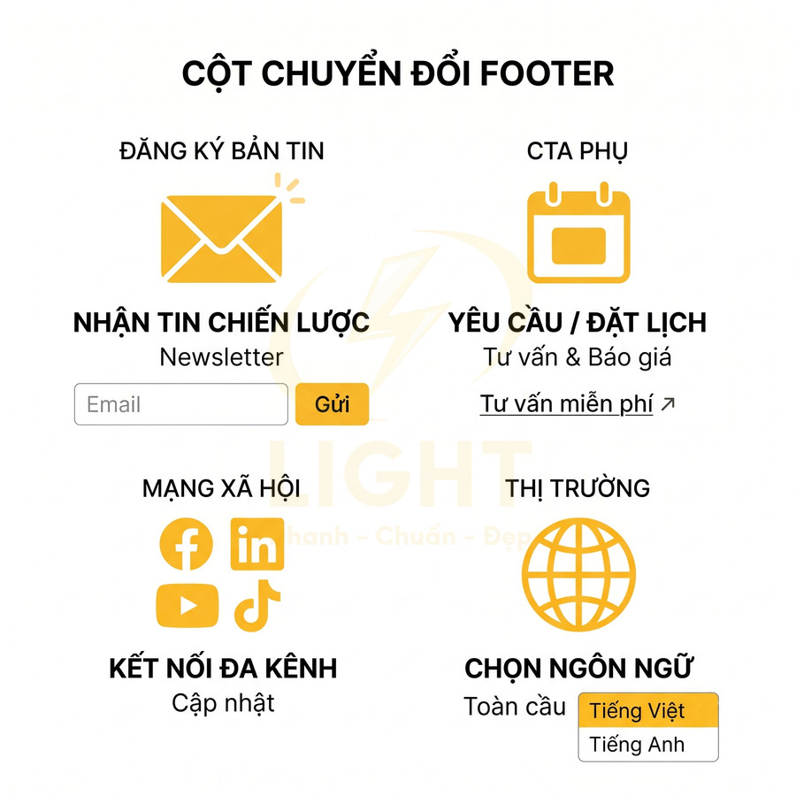 Mẫu thiết kế cột chuyển đổi footer với đăng ký newsletter, CTA đặt lịch, mạng xã hội và chọn ngôn ngữ