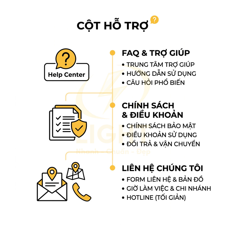 Cột hỗ trợ website với mục FAQ, chính sách điều khoản, liên hệ gồm trung tâm trợ giúp và thông tin hotline