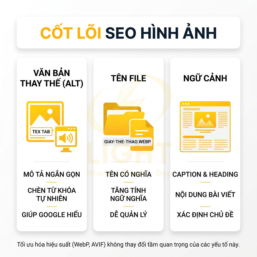 Minh họa các yếu tố cốt lõi SEO hình ảnh gồm văn bản thay thế tên file và ngữ cảnh