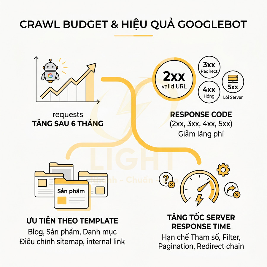 Infographic tối ưu crawl budget và hiệu quả Googlebot với response code, ưu tiên template và tăng tốc server response time