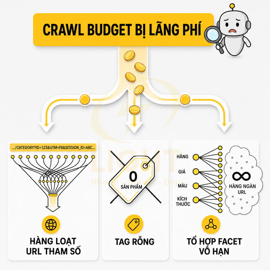 Minh họa crawl budget bị lãng phí do hàng loạt URL tham số, tag rỗng và tổ hợp facet vô hạn trong SEO website
