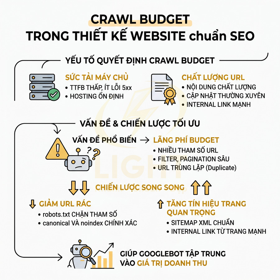 Infographic giải thích crawl budget trong thiết kế website chuẩn SEO và chiến lược tối ưu cho Googlebot