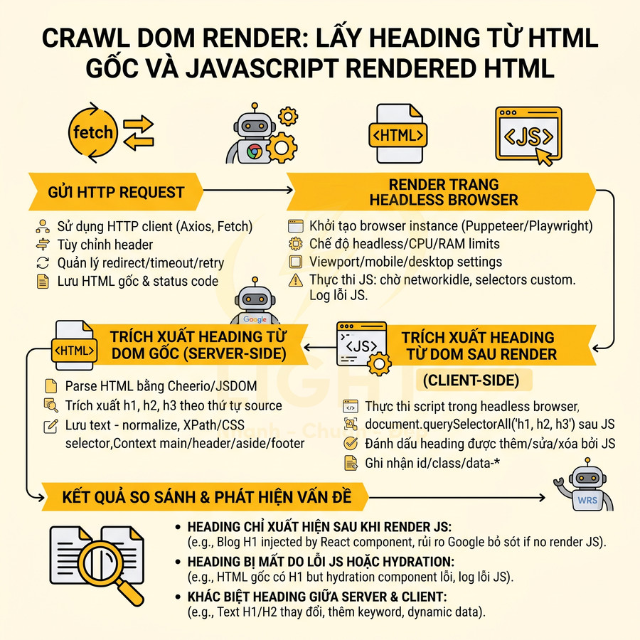 Sơ đồ quy trình crawl DOM render để lấy heading từ HTML gốc và HTML render bằng JavaScript cho SEO