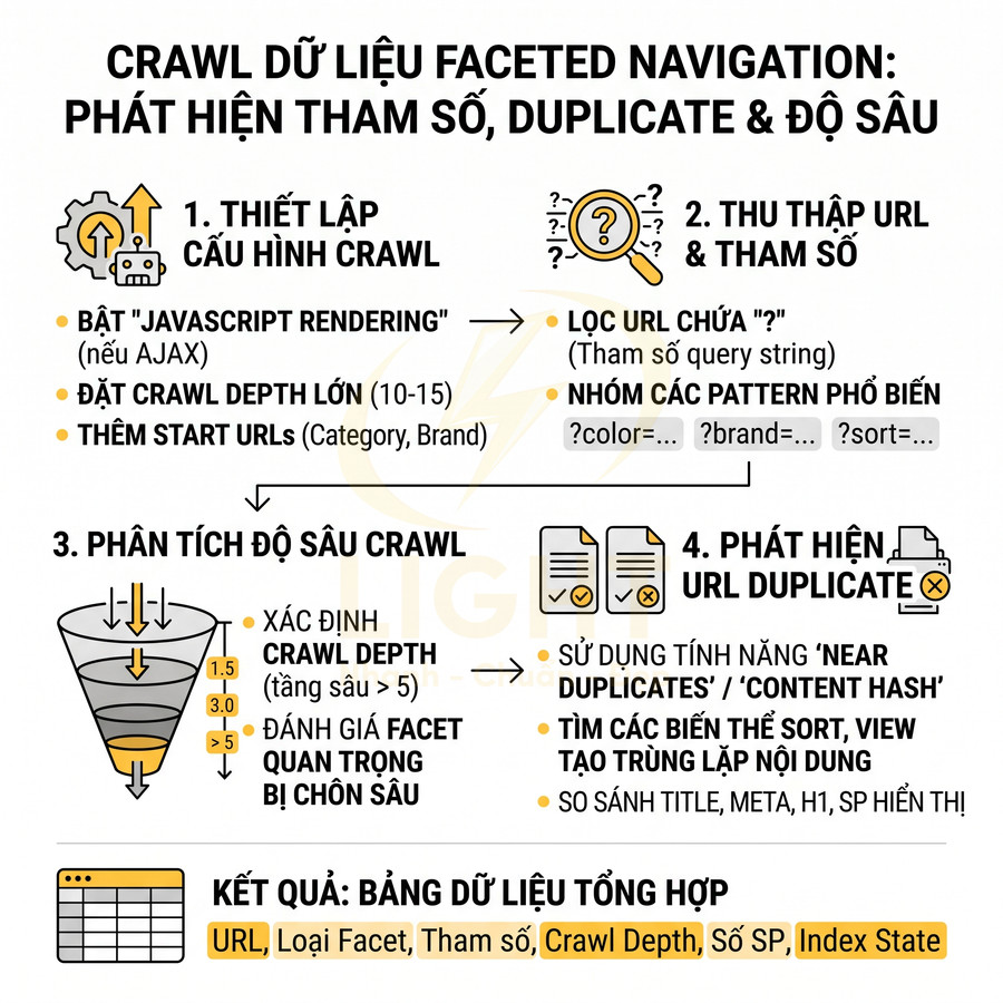 Hướng dẫn crawl dữ liệu faceted navigation để phát hiện tham số, URL trùng lặp và phân tích độ sâu crawl trong SEO
