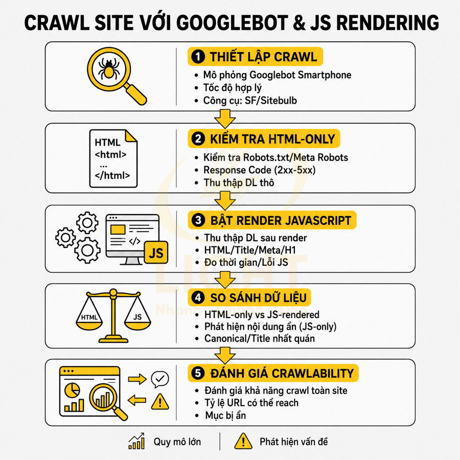 Quy trình crawl website với Googlebot và render JavaScript gồm 5 bước tối ưu SEO