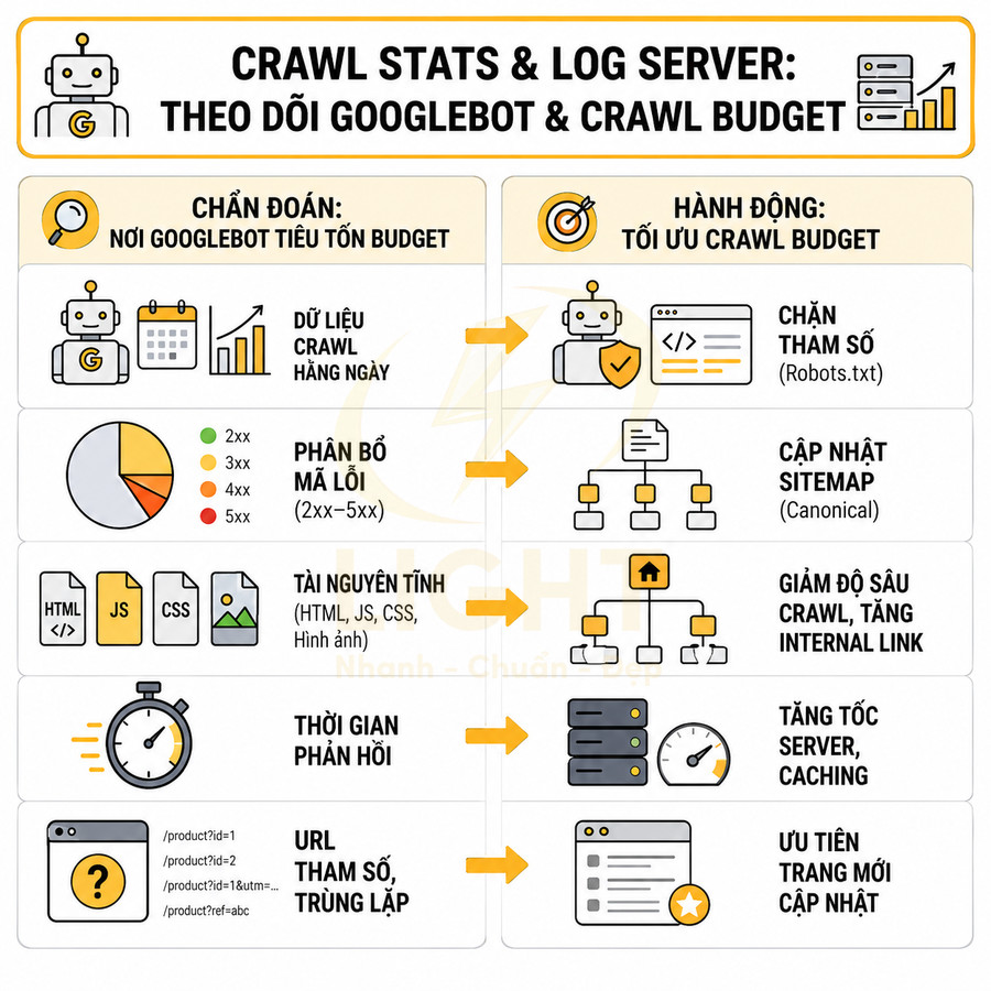 Infographic hướng dẫn theo dõi Googlebot và tối ưu crawl budget bằng crawl stats và log server