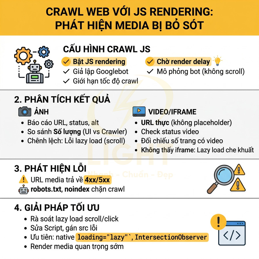 Infographic hướng dẫn crawl web với JS rendering để phát hiện media bị bỏ sót và tối ưu SEO
