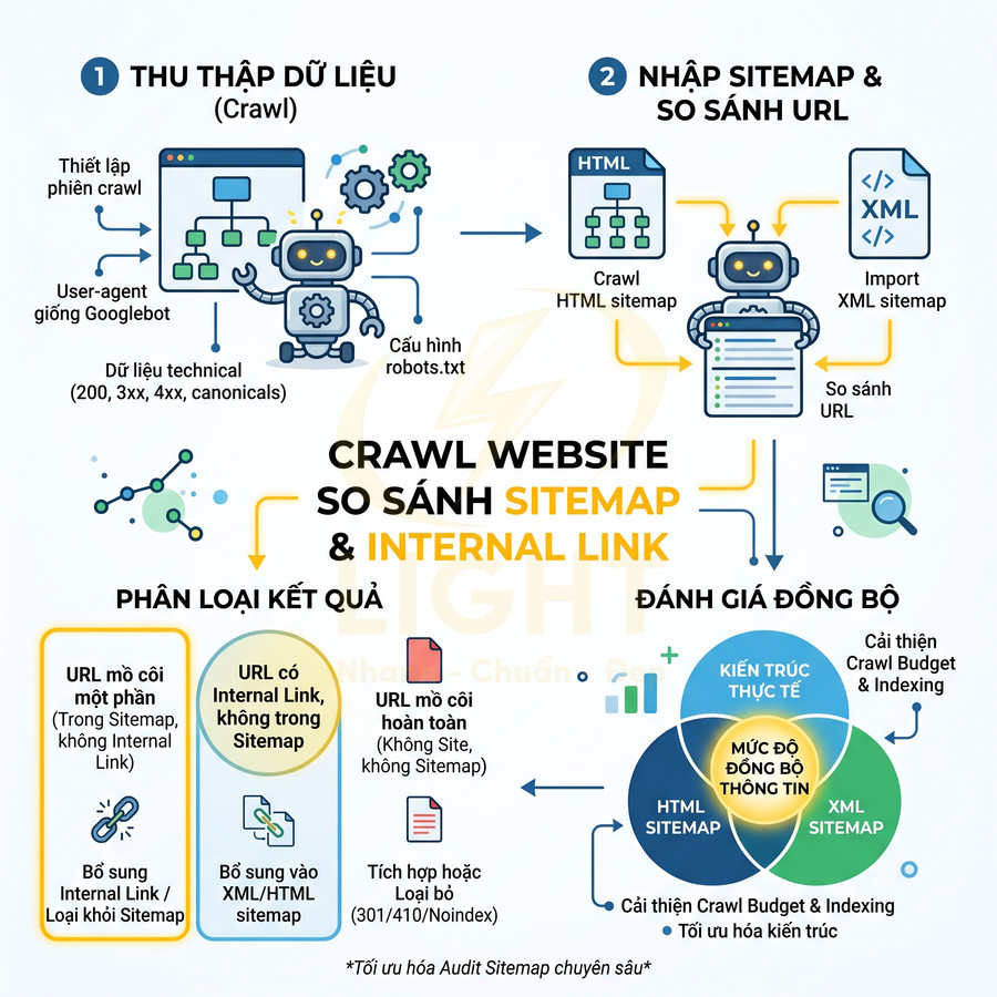 Quy trình crawl website so sánh sitemap và internal link để đánh giá đồng bộ và tối ưu SEO