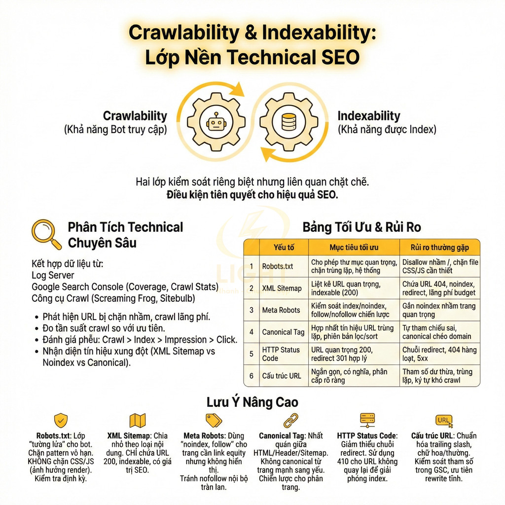 Infographic hướng dẫn crawlability và indexability trong technical SEO với bảng tối ưu rủi ro và lưu ý nâng cao
