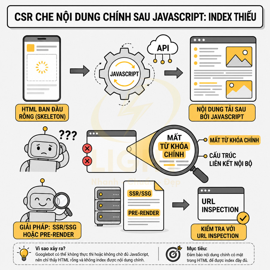 Infographic quy trình CSR che nội dung chính sau JavaScript và giải pháp SEO với SSR SSG pre render
