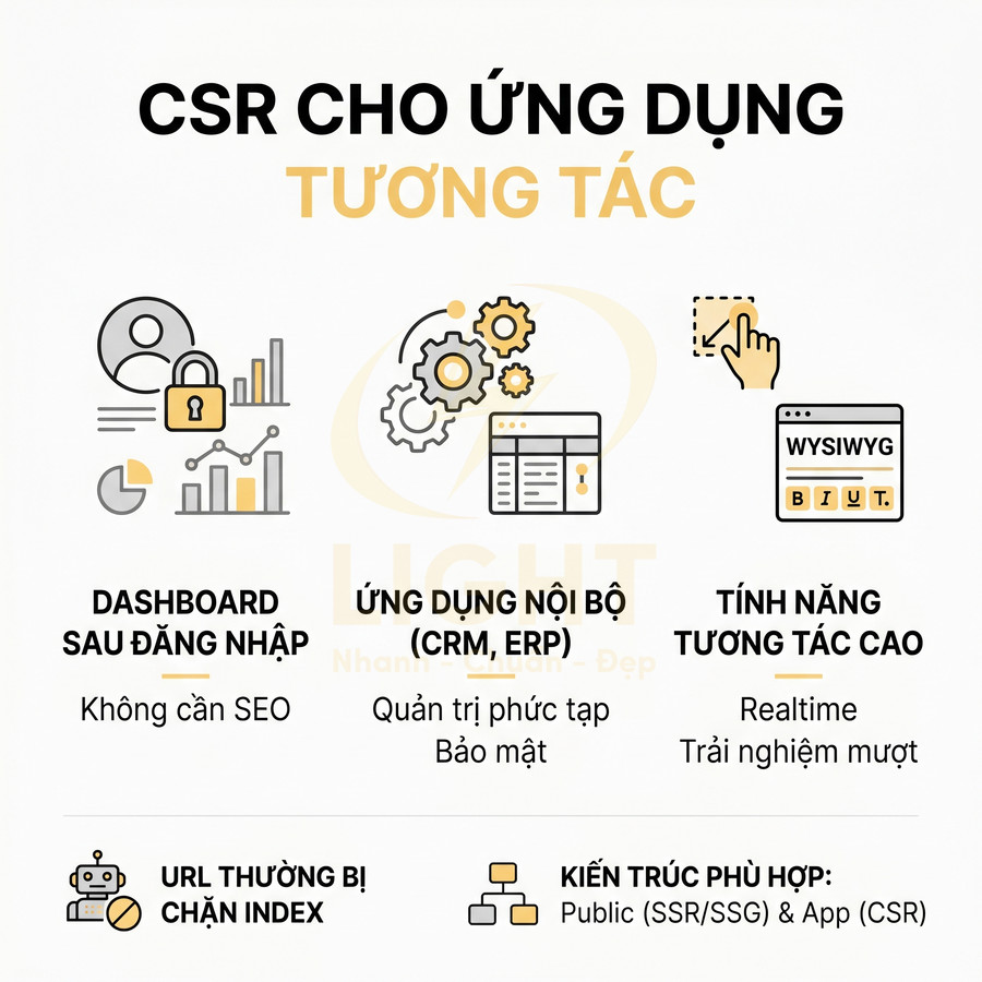 Mô tả CSR cho ứng dụng web tương tác, dashboard nội bộ CRM ERP, tính năng realtime và kiến trúc Public App