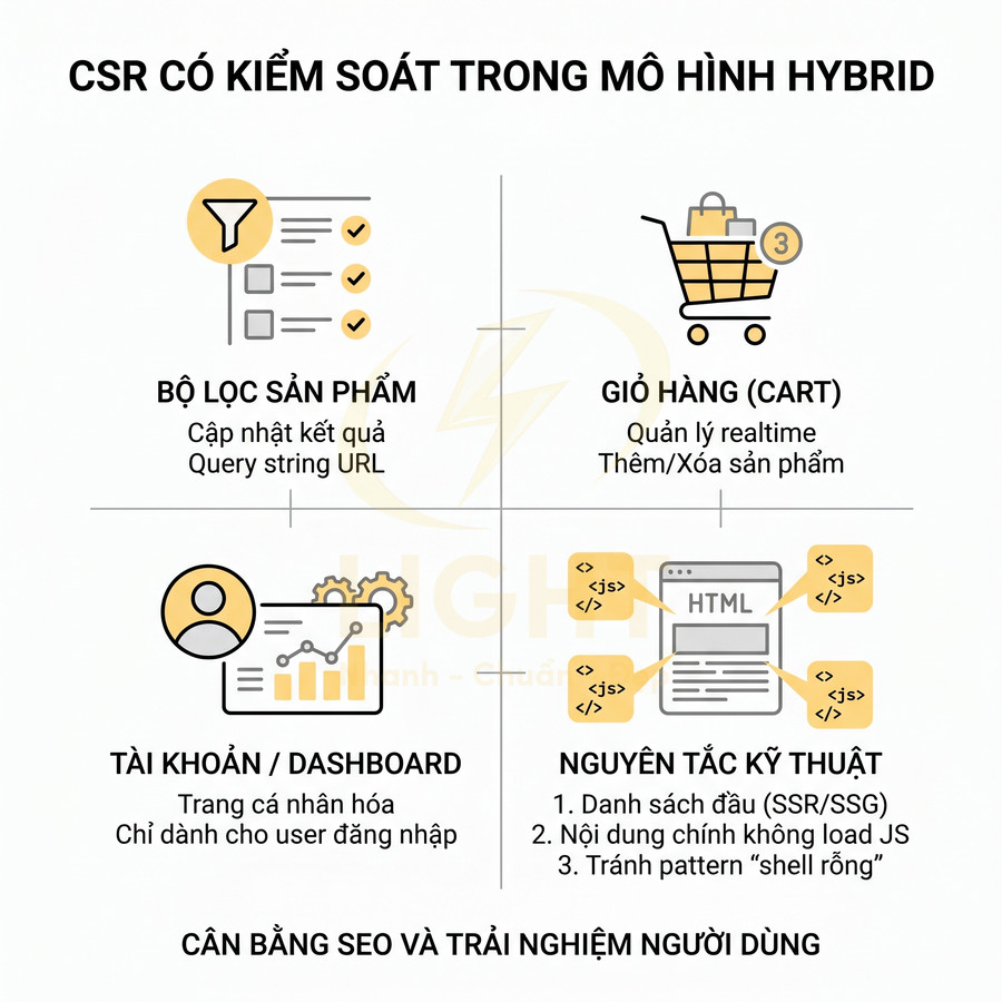 Infographic mô tả vai trò CSR trong mô hình hybrid với bộ lọc sản phẩm, giỏ hàng, tài khoản và nguyên tắc kỹ thuật