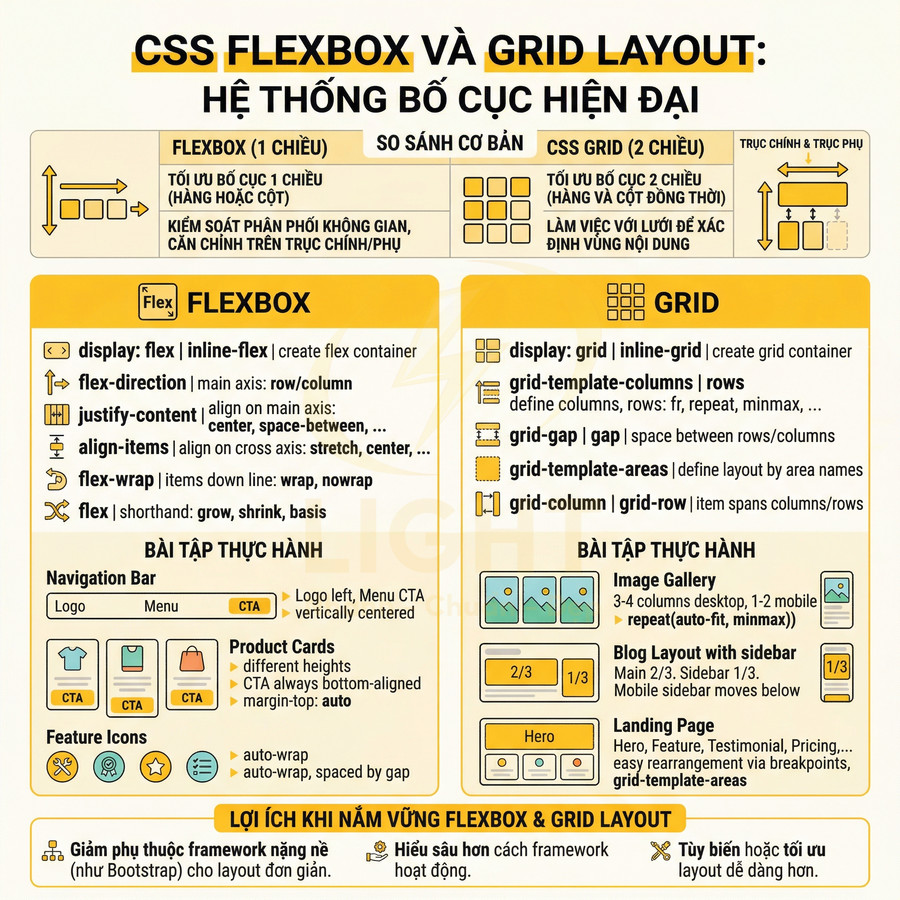Tóm tắt so sánh CSS Flexbox và CSS Grid Layout bằng tiếng Việt, nêu thuộc tính và ví dụ ứng dụng thực tế