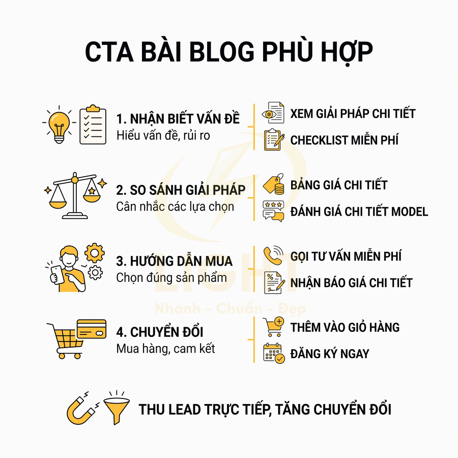 Infographic CTA bài blog phù hợp với 4 bước nhận biết vấn đề, so sánh giải pháp, hướng dẫn mua và chuyển đổi