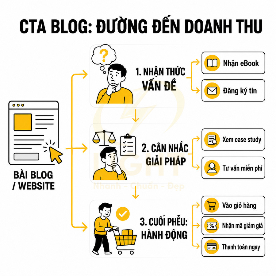 Mô hình CTA blog dẫn khách từ nhận thức vấn đề đến cân nhắc giải pháp và hành động mua hàng trên website