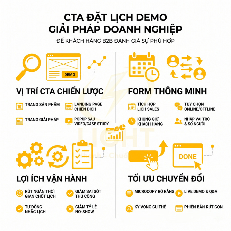 Infographic CTA đặt lịch demo giải pháp doanh nghiệp B2B với vị trí CTA, form thông minh, lợi ích vận hành và tối ưu chuyển đổi