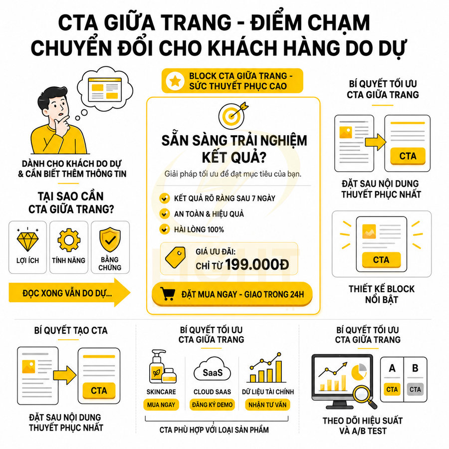 Infographic hướng dẫn tối ưu CTA giữa trang để tăng chuyển đổi khách hàng do dự, nhấn mạnh lợi ích và giá ưu đãi 199000đ