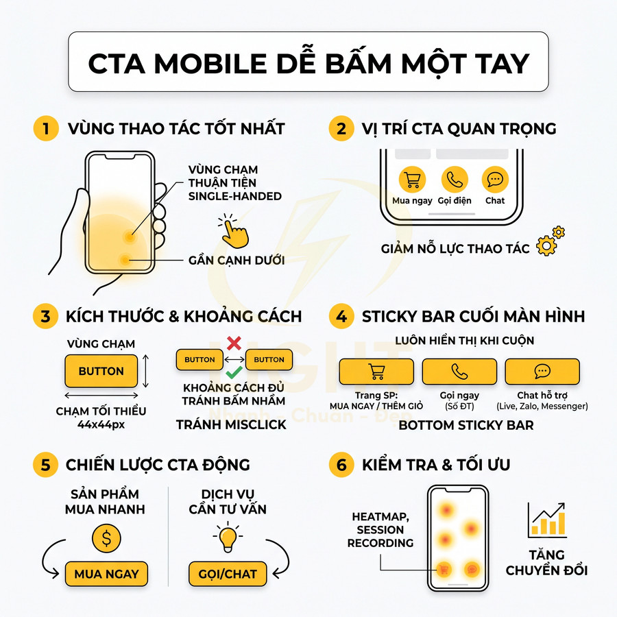Infographic hướng dẫn thiết kế nút CTA trên giao diện mobile dễ bấm một tay để tăng chuyển đổi