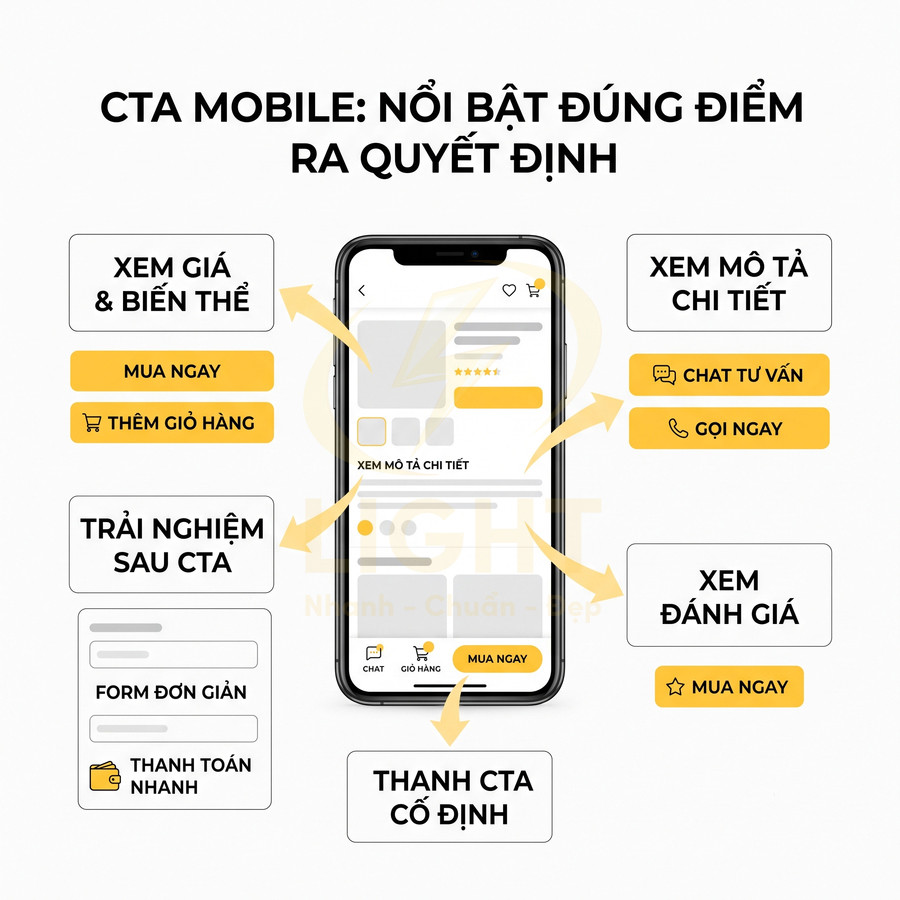 Giao diện app mua sắm trên điện thoại với các nút CTA mua ngay, thêm giỏ hàng, xem giá, mô tả và đánh giá sản phẩm