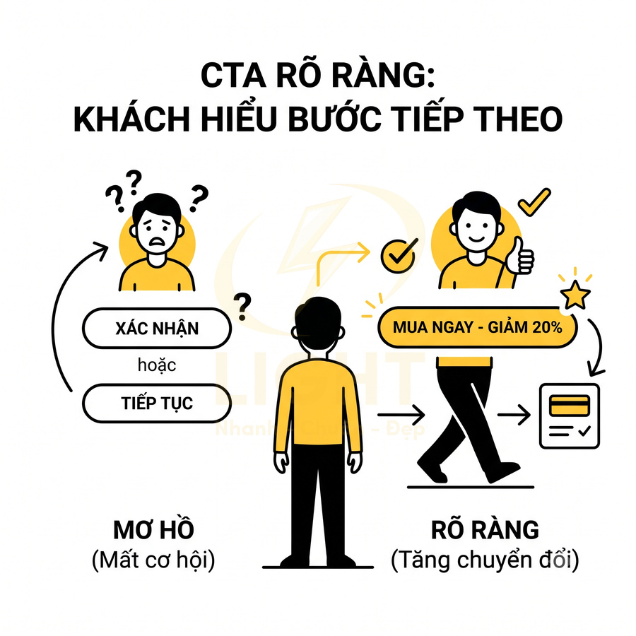Minh họa so sánh CTA mơ hồ và CTA rõ ràng với nút Mua ngay giảm 20 phần trăm giúp tăng chuyển đổi
