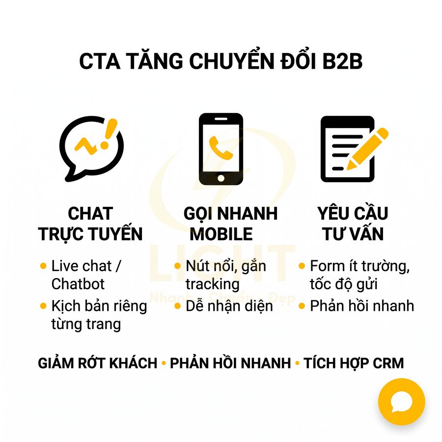 Mô tả CTA tăng chuyển đổi B2B với chat trực tuyến, gọi nhanh mobile và form yêu cầu tư vấn trên nền trắng