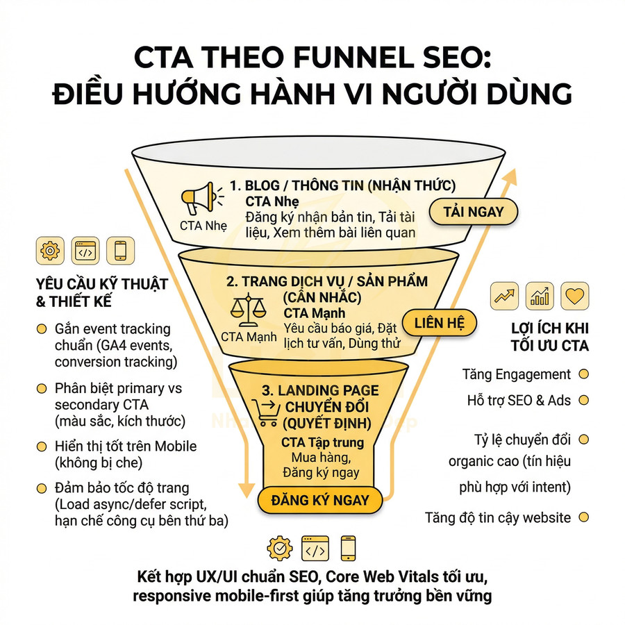 Mô hình funnel SEO với CTA cho blog, trang dịch vụ và landing page, kèm yêu cầu kỹ thuật và lợi ích tối ưu CTA