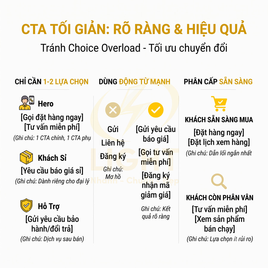 Hướng dẫn tối ưu CTA tối giản với ví dụ lời kêu gọi hành động rõ ràng cho khách sẵn sàng mua và khách còn phân vân