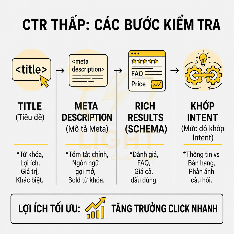 Hướng dẫn tối ưu CTR thấp với các bước kiểm tra title, meta description, rich results và mức độ khớp intent