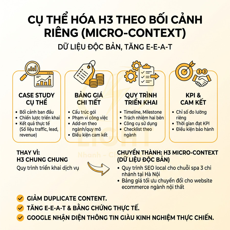Infographic hướng dẫn cụ thể hóa H3 theo micro context trong SEO với case study, bảng giá, quy trình triển khai và KPI
