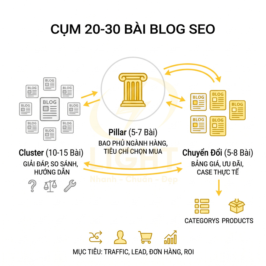 Mô hình cụm 20-30 bài blog SEO gồm pillar, cluster và bài chuyển đổi hướng tới traffic và đơn hàng