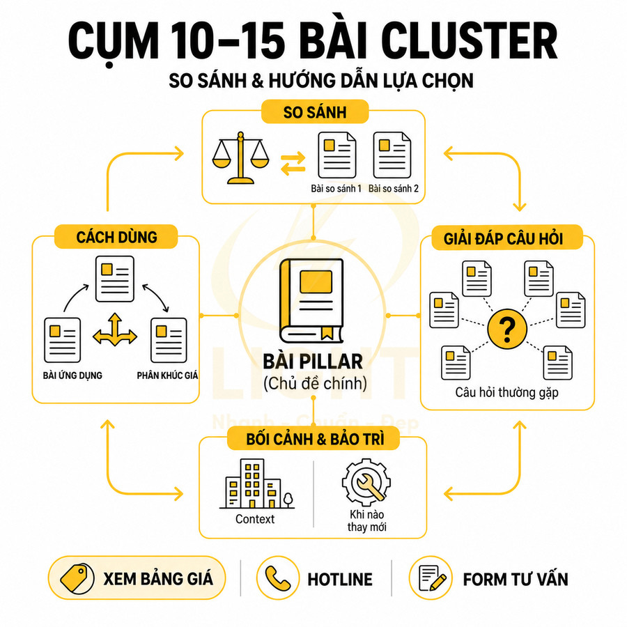 Mô hình cụm 10 15 bài cluster xoay quanh bài pillar với so sánh, cách dùng, giải đáp, bối cảnh và bảo trì