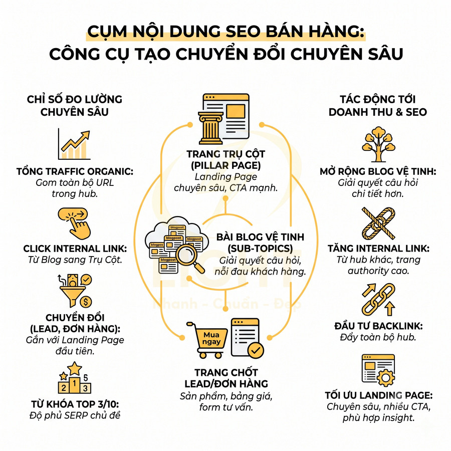 Mô hình cụm nội dung SEO bán hàng với trang trụ cột, blog vệ tinh và trang chốt đơn tăng chuyển đổi