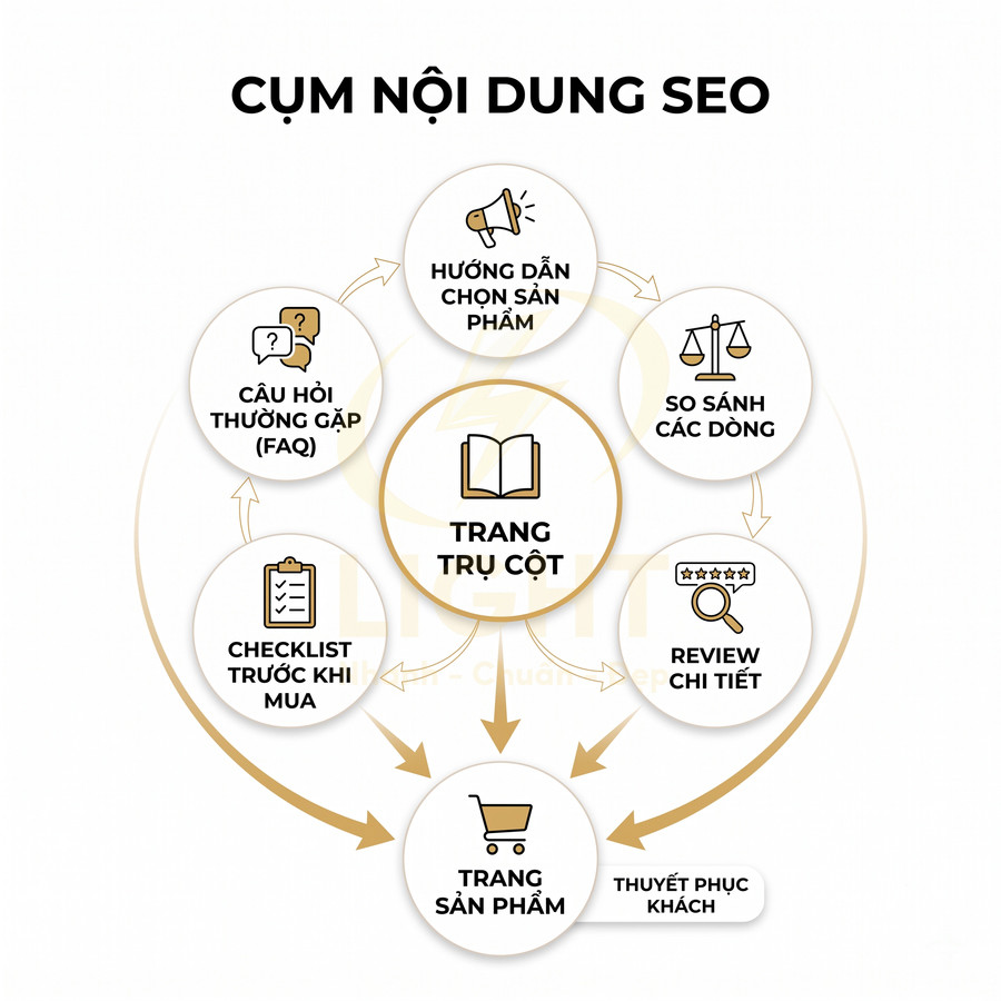 Sơ đồ cụm nội dung SEO với trang trụ cột liên kết hướng dẫn chọn sản phẩm, so sánh, review và trang sản phẩm