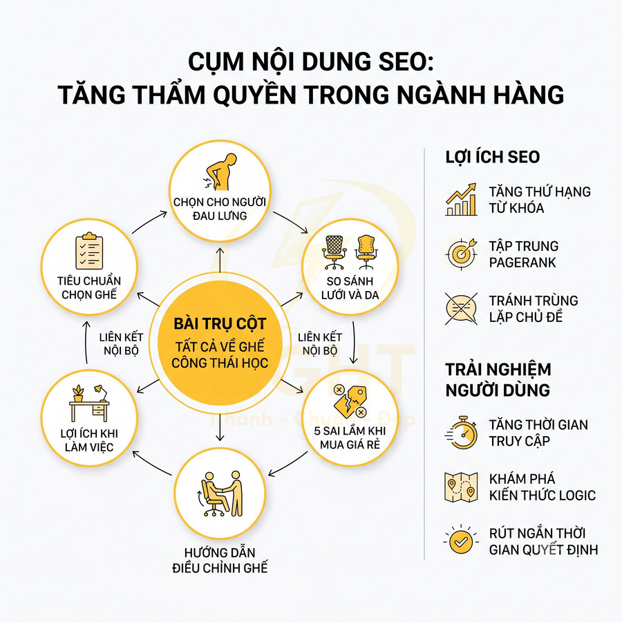 Sơ đồ cụm nội dung SEO cho bài trụ cột về ghế công thái học và lợi ích tăng thẩm quyền ngành hàng