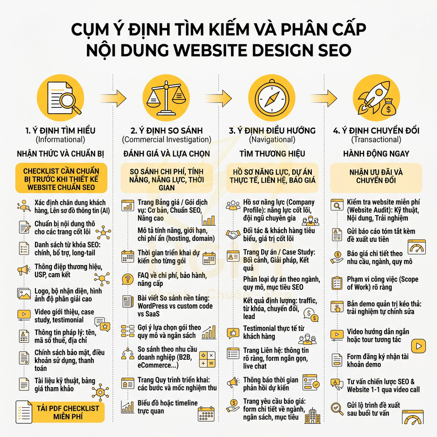 Infographic cụm ý định tìm kiếm và phân cấp nội dung website design SEO với 4 giai đoạn chuyển đổi