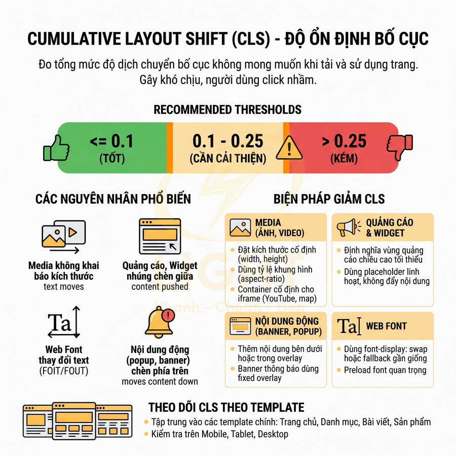 Hướng dẫn tối ưu Cumulative Layout Shift CLS với nguyên nhân phổ biến và biện pháp giảm dịch chuyển bố cục trang web