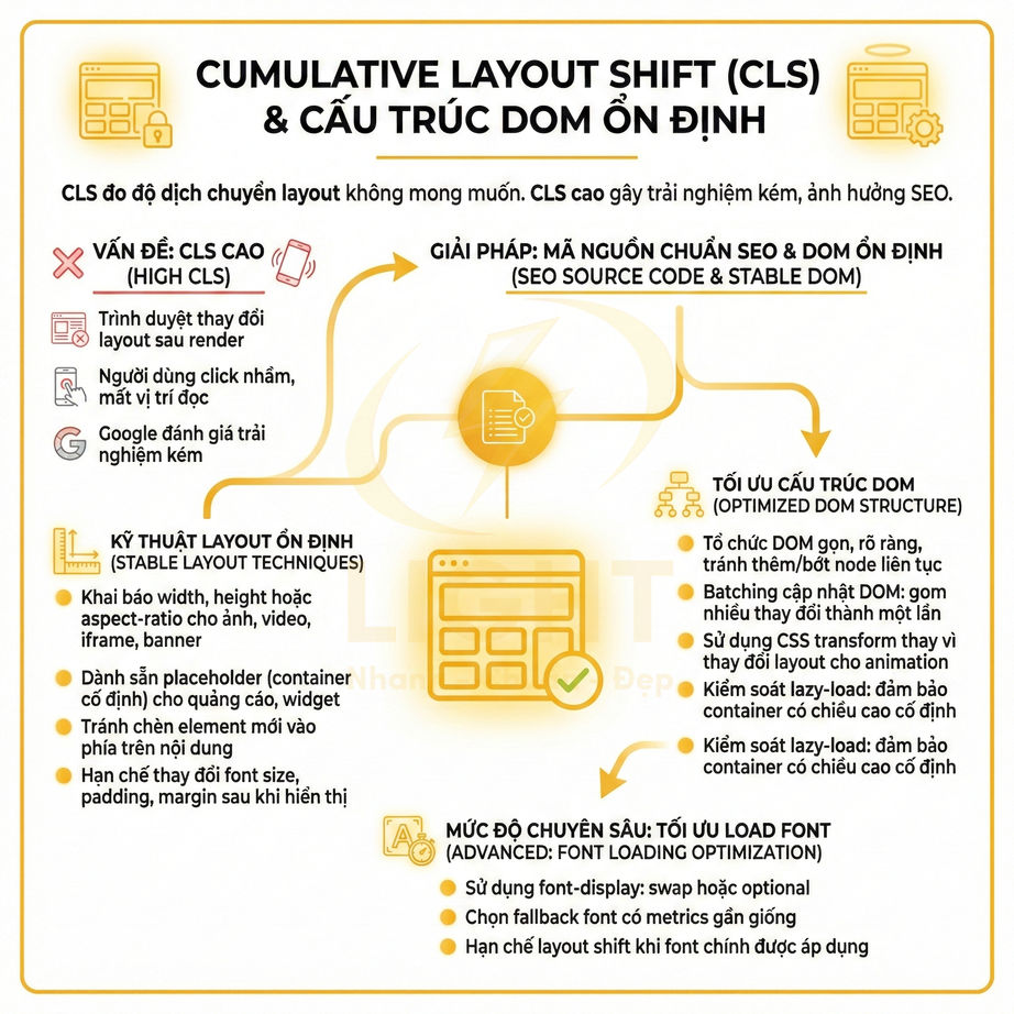 Infographic giải thích Cumulative Layout Shift CLS và cách tối ưu cấu trúc DOM, layout ổn định cho SEO website
