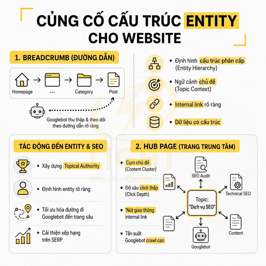 Infographic hướng dẫn củng cố cấu trúc entity cho website với breadcrumb, hub page và tác động đến SEO